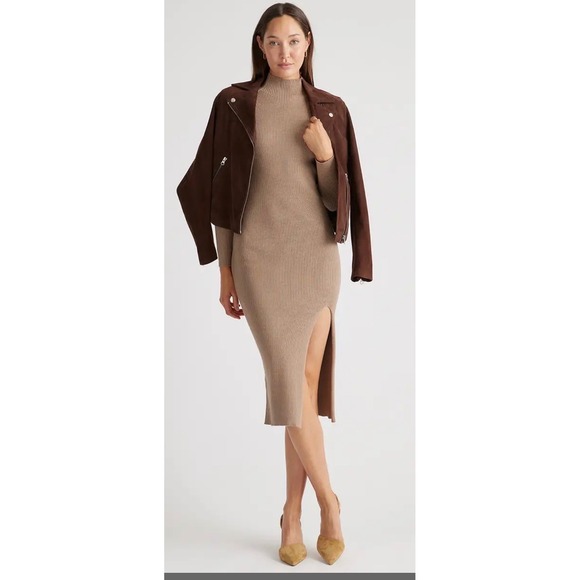 Quince Midi Sweater Dress M Long Sleeve Side Slit Mock Neck Quiet Luxury NWT - Picture 2 of 8